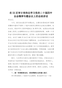 在XX区审计局传达学习党的二十届四中全会精神专题会议上的总结讲话