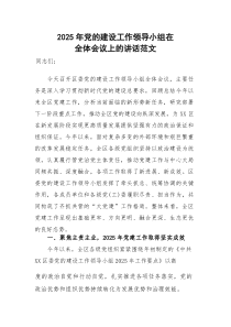 2025年党的建设工作领导小组在全体会议上的讲话范文