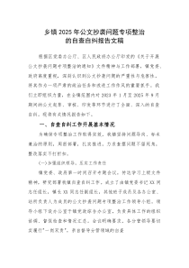 乡镇2025年公文抄袭问题专项整治的自查自纠报告文稿