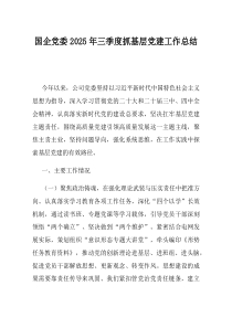 国企党委2025年三季度抓基层党建工作总结