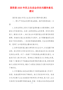 国资委2025年民主生活会存在问题和意见建议
