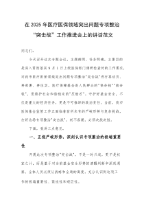 在2025年医疗医保领域突出问题专项整治“突击战”工作推进会上的讲话范文