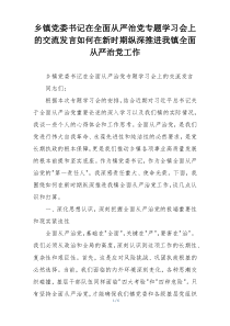 乡镇党委书记在全面从严治党专题学习会上的交流发言如何在新时期纵深推进我镇全面从严治党工作
