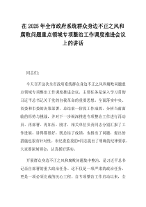 在2025年全市政府系统群众身边不正之风和腐败问题重点领域专项整治工作调度推进会议上的讲话
