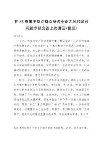 (资料)在XX市集中整治群众身边不正之风和腐败问题专题会议上的讲话