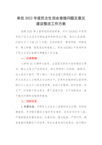 单位20XX年度民主生活会查摆问题及意见建议整改工作方案