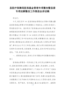 县医疗保障局医保基金管理专项整治暨县委专项巡察整改工作推进会讲话稿