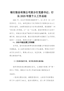 银行股份有限公司某分行党委书记、行长2025年度个人工作总结(材料)