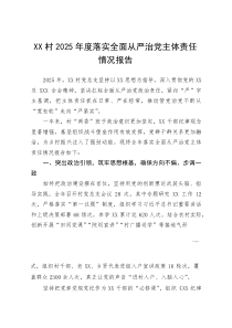 XX村2025年度落实全面从严治党主体责任情况报告(参考)