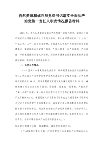 自然资源和规划局党组书记落实全面从严治党第一责任人职责情况报告