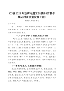 XX镇2025年政府专题工作报告（百县千镇万村高质量发展工程）(材料)