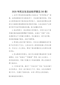 (新编)2025年民主生活会批评意见（50条）