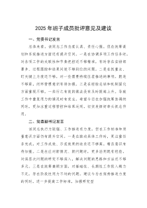 (新编)2025年班子成员批评意见及建议