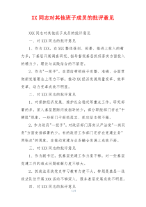 XX同志对其他班子成员的批评意见