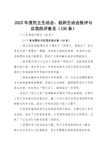 (新)2025年度民主生活会、组织生活会批评与自我批评意见（100条）