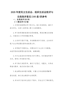 (新)2025年度民主生活会、组织生活会批评与自我批评意见（100条）供参考