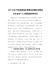 (新)关于2025年度巡察组反馈意见的整改专题民主生活会个人对照检查材料范文