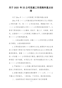关于2025 年XX公司党建工作思路和重点安排