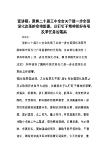 宣讲稿：聚焦二十届三中全会关于进一步全面深化改革的安排部署，以钉钉子精神抓好各项改革任务的落实【