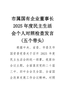 (整理)市属国有企业董事长2025年度民主生活会个人对照检查发言（五个带头）