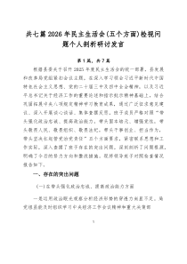 [7篇]2026年民主生活会（五个方面）检视问题个人剖析研讨发言