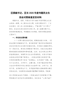 区委副书记、区长2025年度专题民主生活会对照检查发言材料