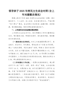 领导班子2025年度民主生活会对照（含上年问题整改情况）