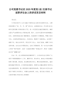 公司党委书记在2026年度党（总）支部书记述职评议会上的讲话发言材料