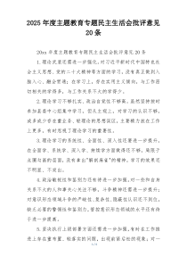 2025年度主题教育专题民主生活会批评意见20条