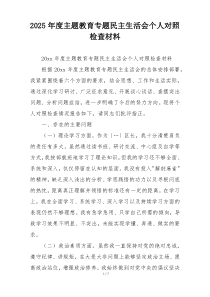 2025年度主题教育专题民主生活会个人对照检查材料