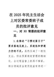 在2026年民主生活会上对区委常委班子成员的批评意见