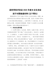 县科学技术协会2025年度M主生活会班子对照检查材料（五个带头）