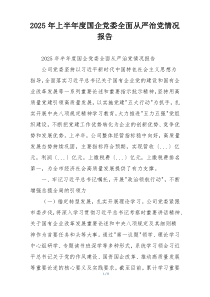 2026年上半年度国企党委全面从严治党情况报告